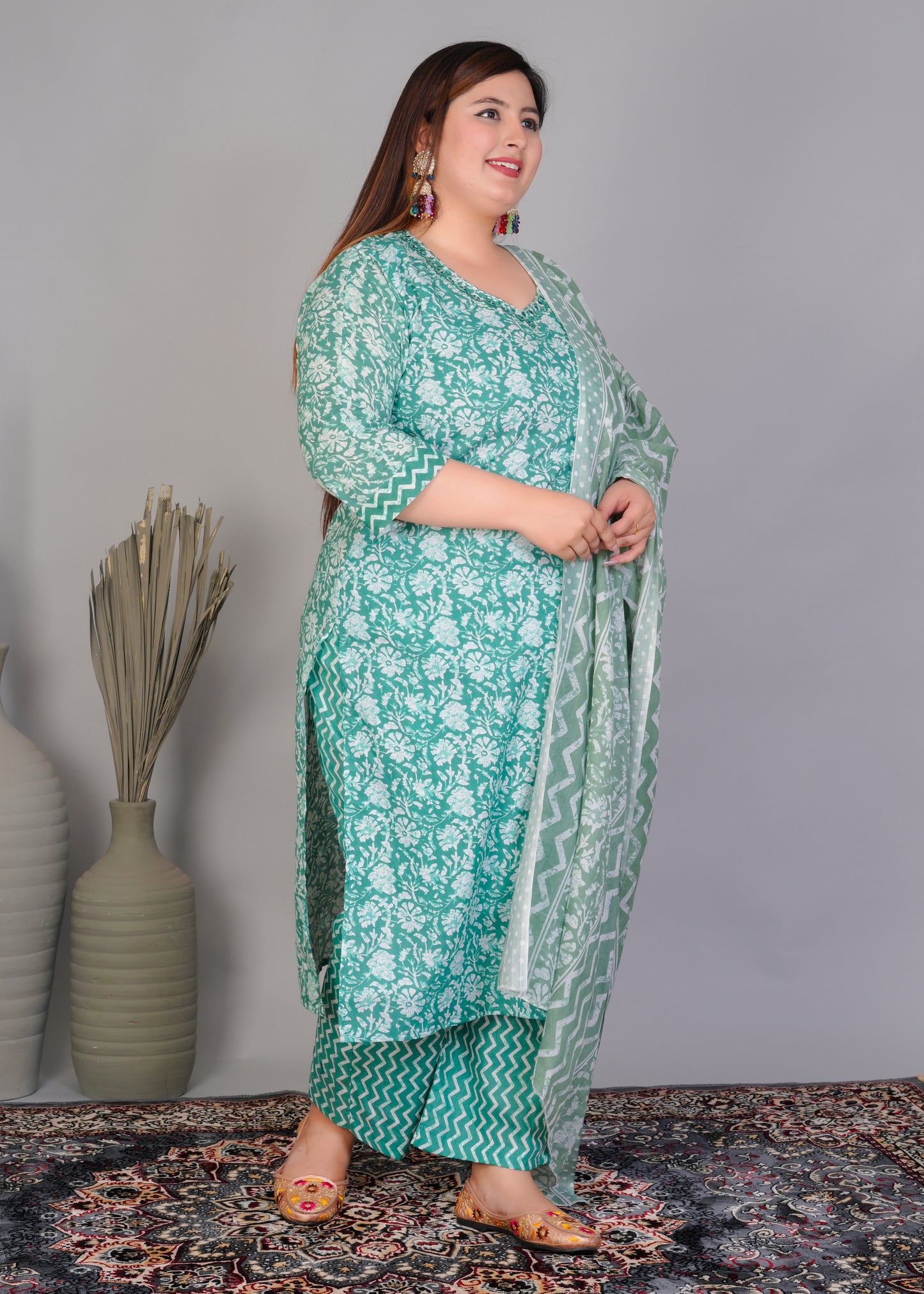 EthnixThread elegant Teal Green Straight-Fit Cotton Kurta Set in Plus Size