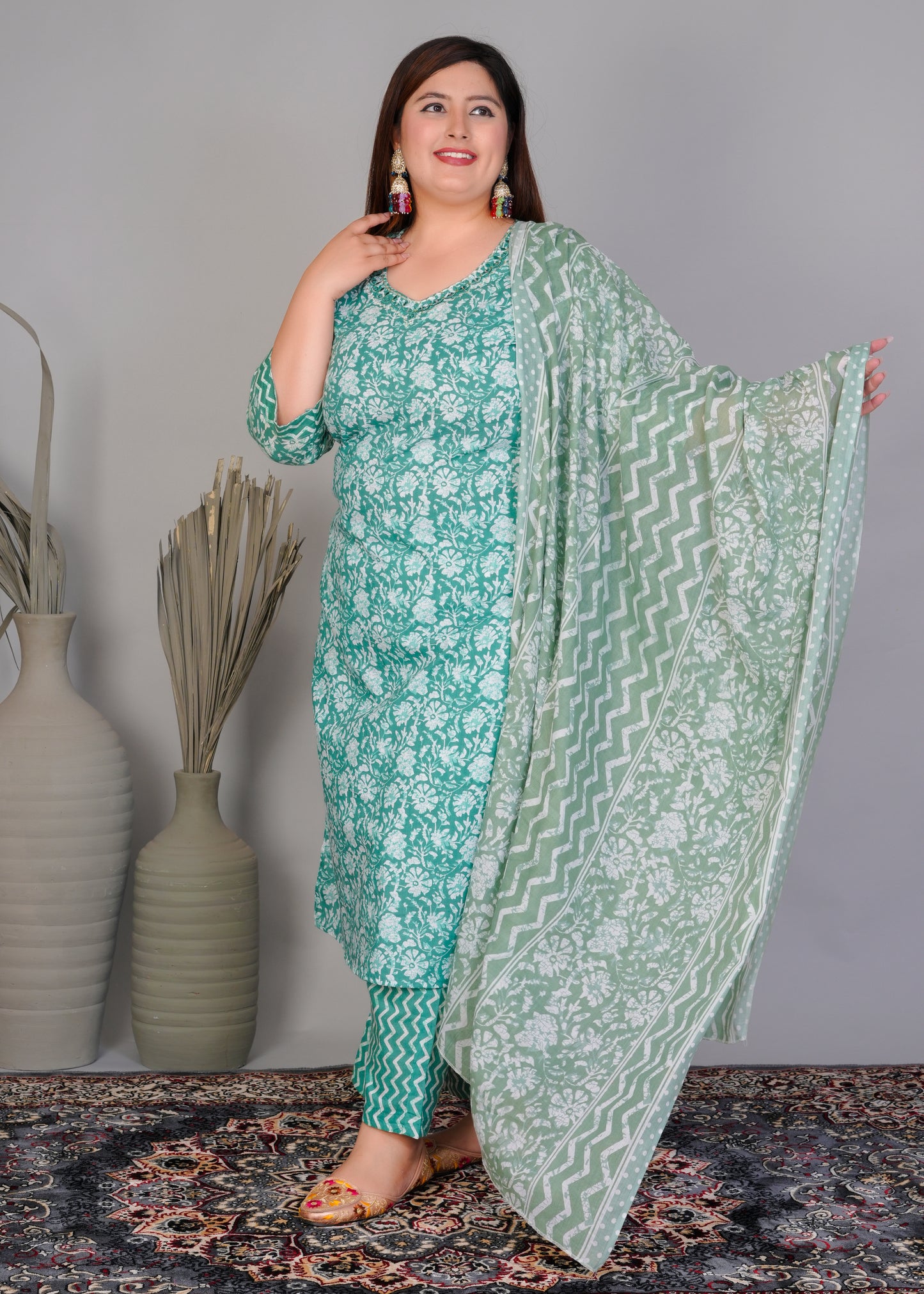 EthnixThread elegant Teal Green Straight-Fit Cotton Kurta Set in Plus Size
