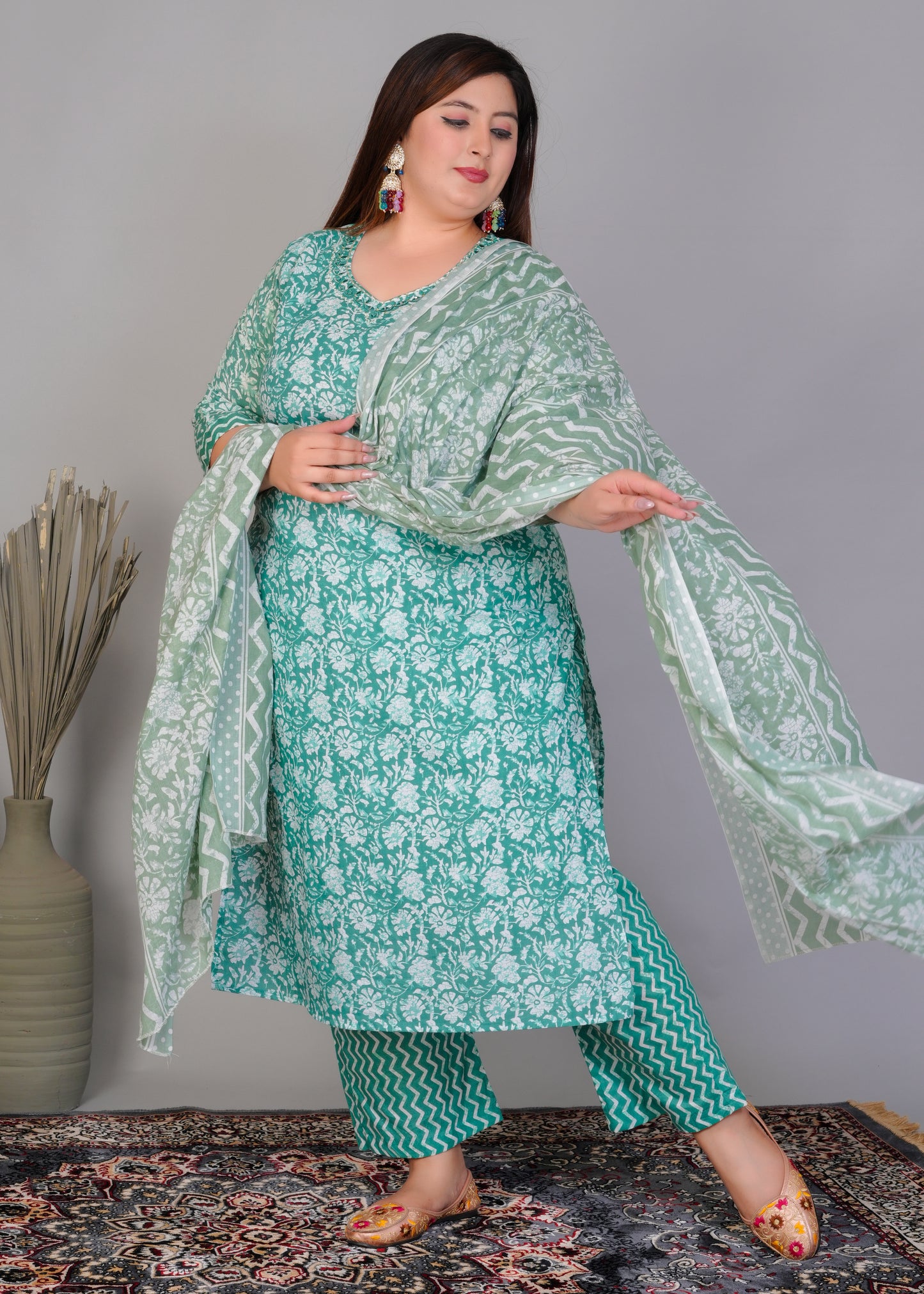 EthnixThread elegant Teal Green Straight-Fit Cotton Kurta Set in Plus Size
