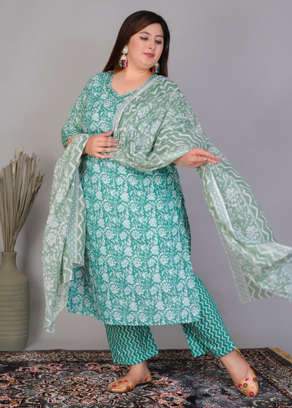 EthnixThread elegant Teal Green Straight-Fit Cotton Kurta Set in Plus Size