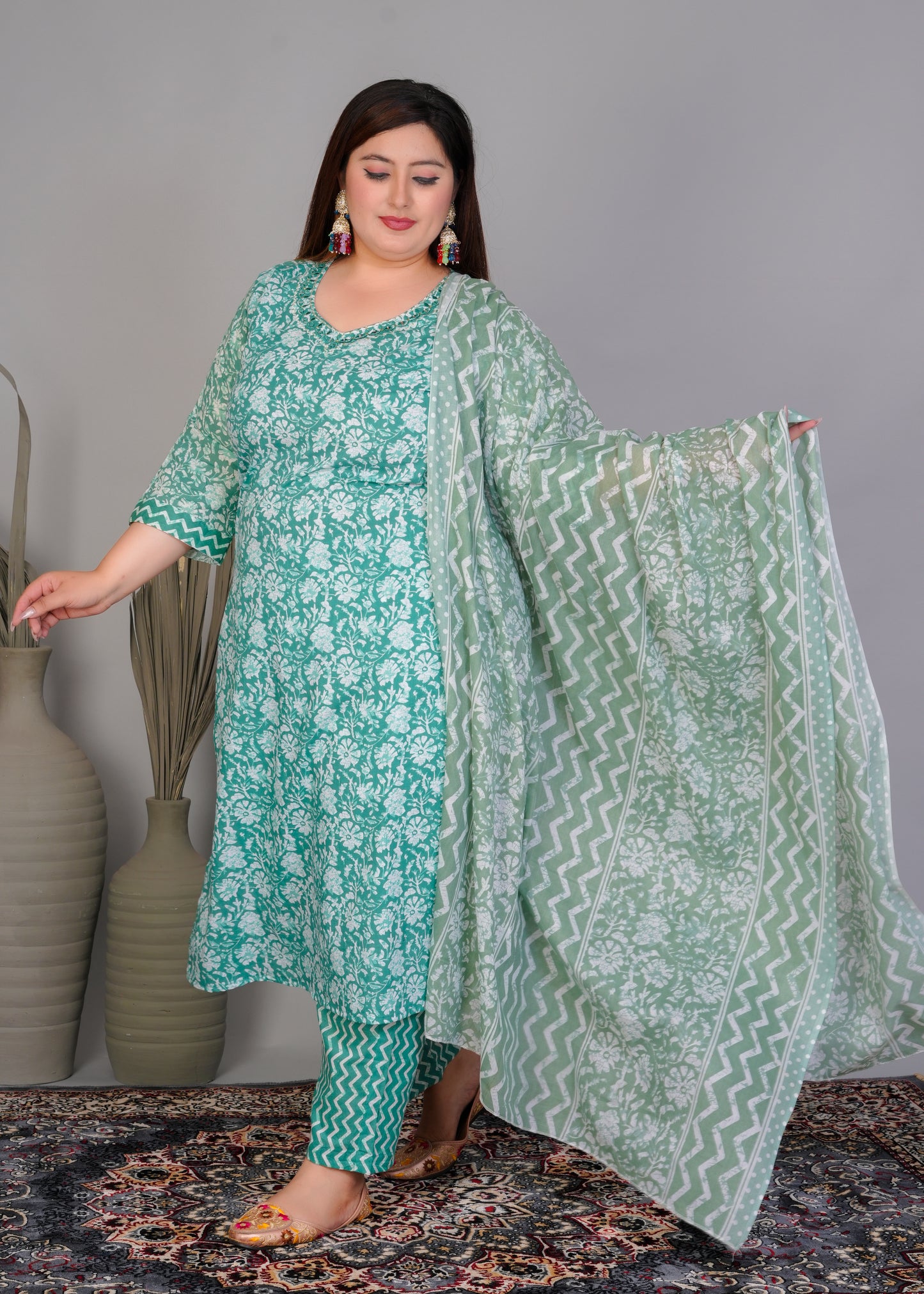 EthnixThread elegant Teal Green Straight-Fit Cotton Kurta Set in Plus Size