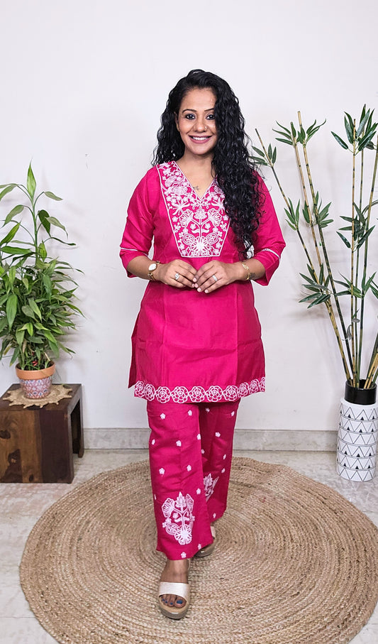 EthnixThread Trendy Embroidered Pink Coord Sets for Women in Cotton Silk