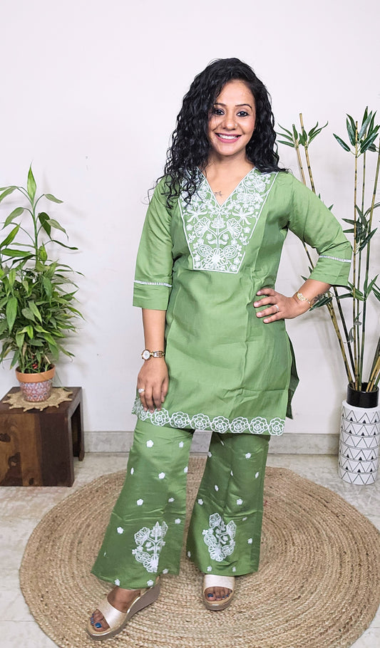 EthnixThread Trendy Embroidered Green Coord Sets for Women in Cotton Silk