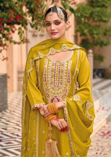 Elegant Heavy Embroidered Party Wear Yellow Readymade Silk Suit – EthnixThread