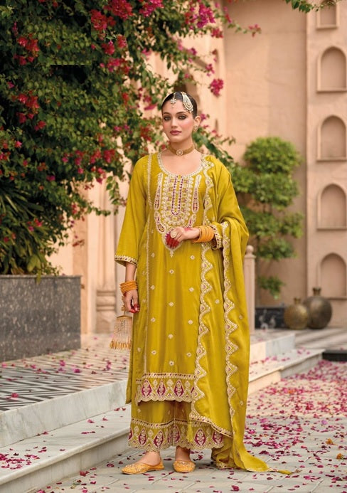 Elegant Heavy Embroidered Party Wear Yellow Readymade Silk Suit – EthnixThread