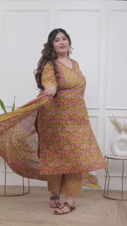 EthnixThread elegant Mustard Straight-Fit Cotton Kurta Set in Plus Size