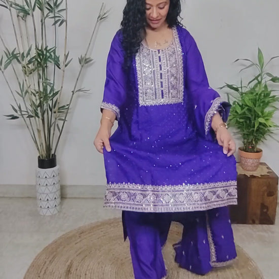 party wear purple embroidered silk suit set