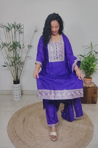 party wear purple embroidered silk suit set