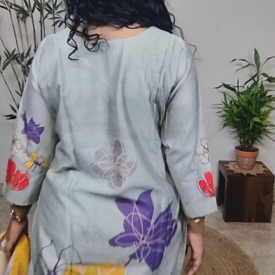 Grey silk suit set with banarsi dupatta