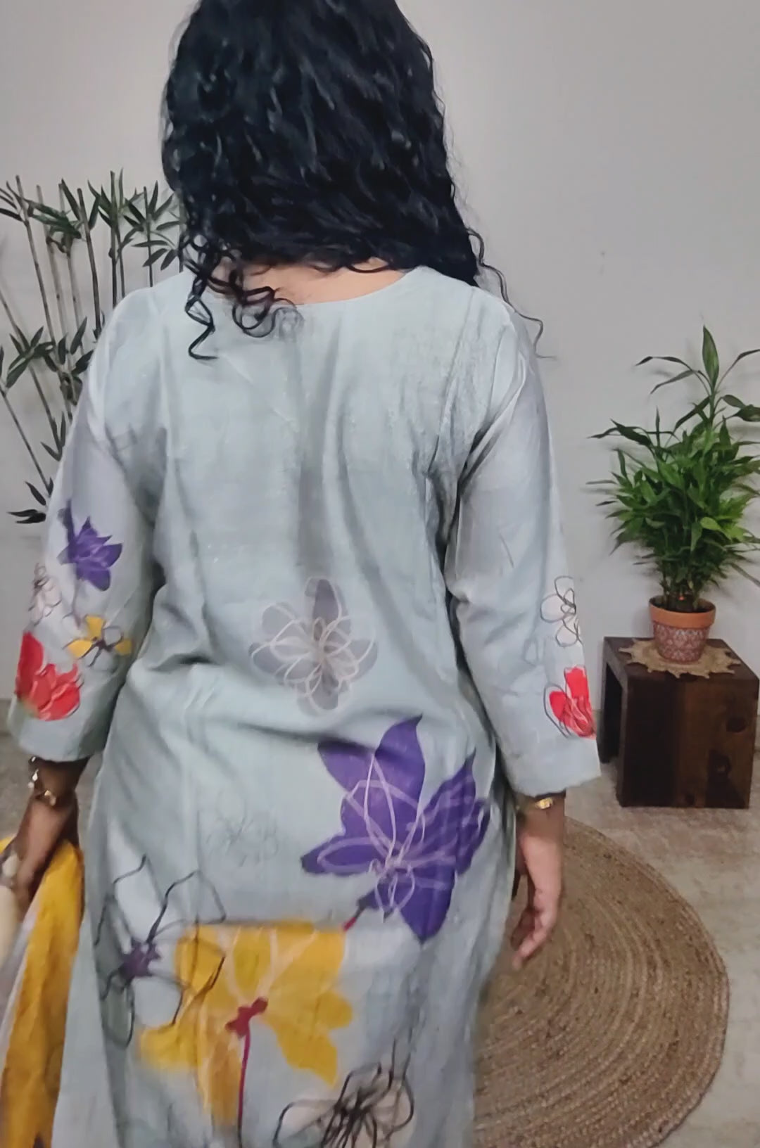 Grey silk suit set with banarsi dupatta