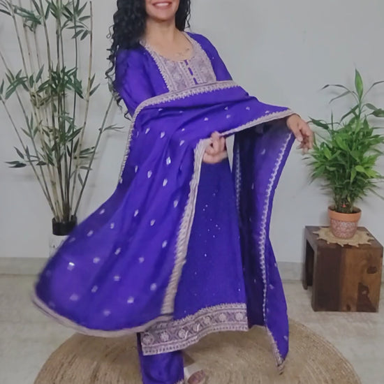 party wear purple embroidered silk suit set