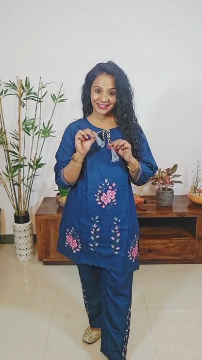 Trending Embroidered Blue Rayon Coord Set for Women | Sizes M-2XL | EthnixThread