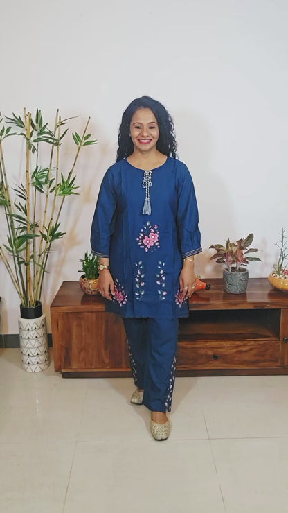Trending Embroidered Blue Rayon Coord Set for Women | Sizes M-2XL | EthnixThread
