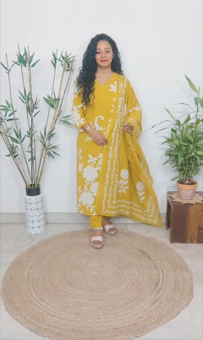 EthnixThread Contemporary Cotton Printed Suit Set with Hand Work & Mul Cotton Dupatta