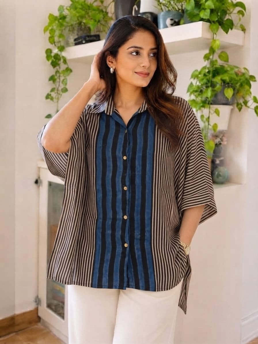 Premium Modal Silk striped Kaftaan Shirt – Free Size (Fits Up to 48")