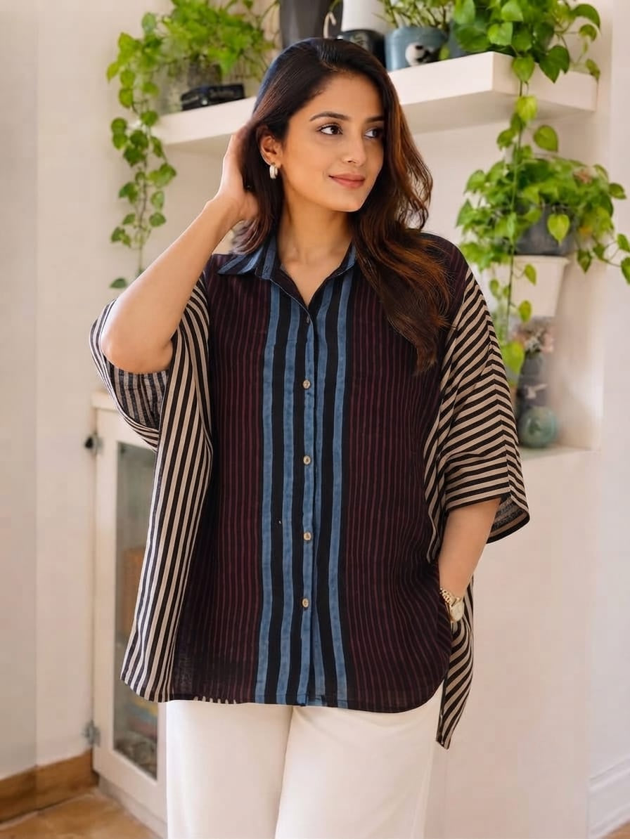 Premium Modal Silk striped Kaftaan Shirt – Free Size (Fits Up to 48")