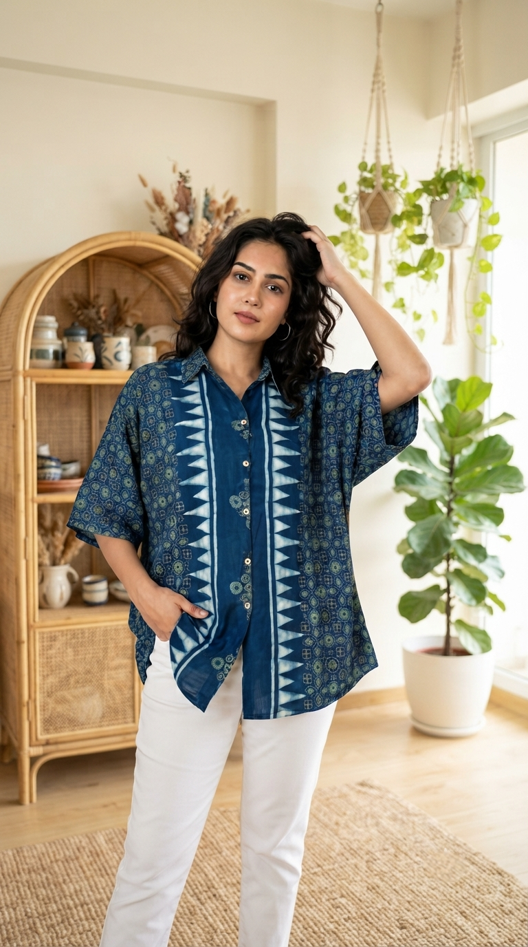 Premium Modal Silk Blue Stripped Kaftaan Shirt – Free Size (Fits Up to 48")