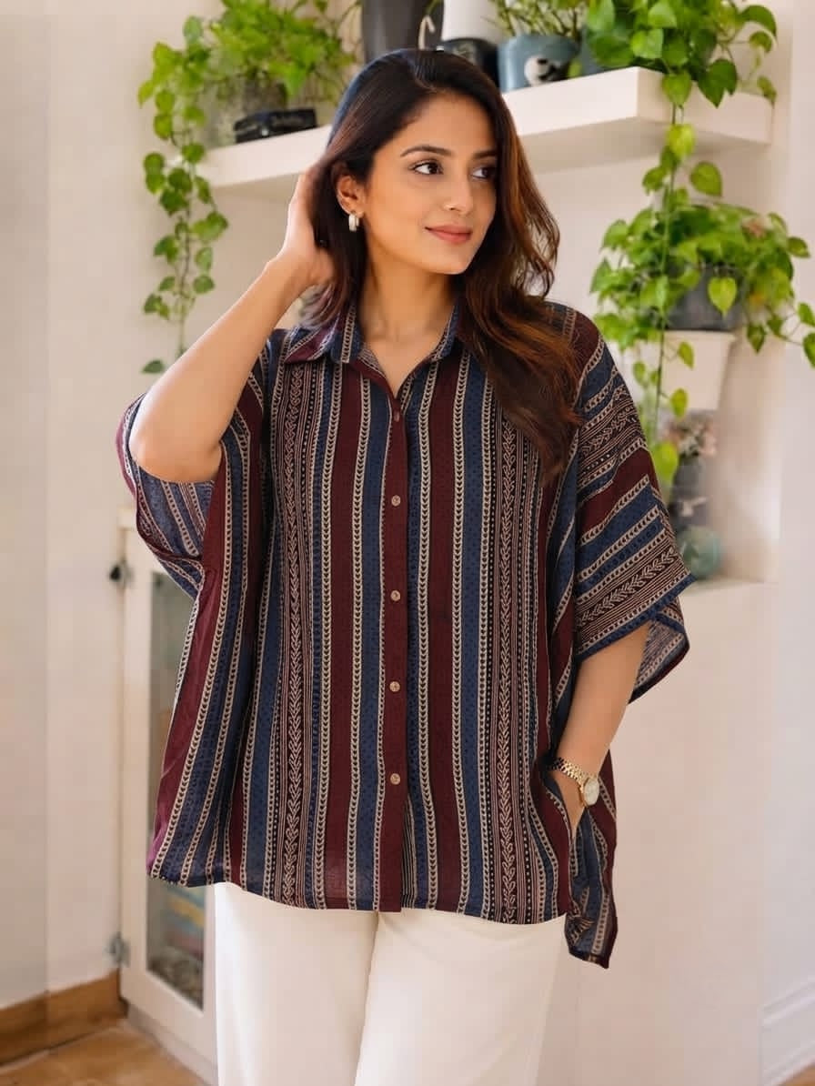 Premium Modal Silk striped Kaftaan Shirt – Free Size (Fits Up to 48")