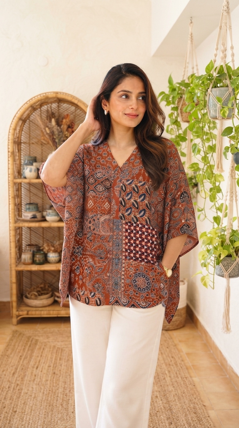Premium Modal Silk Red Kaftaan Shirt – Free Size (Fits Up to 48")