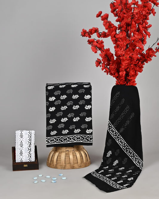 Jaipuri Cotton Black white Dress Material with Mul Cotton Dupatta – EthnixThread