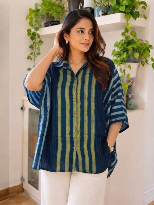Premium Modal Silk Green striped Kaftaan Shirt – Free Size (Fits Up to 48")