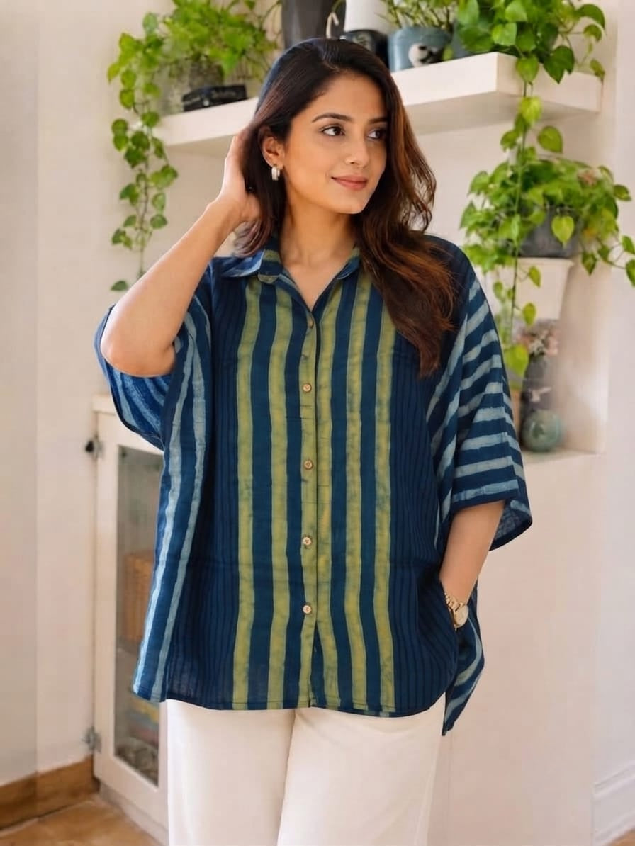 Premium Modal Silk Green striped Kaftaan Shirt – Free Size (Fits Up to 48")