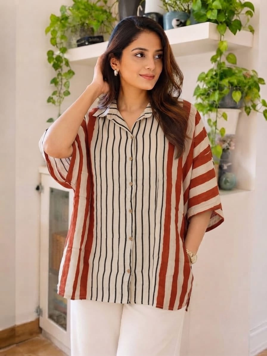 Premium Modal Silk striped Kaftaan Shirt – Free Size (Fits Up to 48")