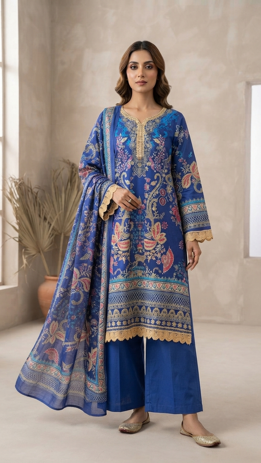 Premium Cotton Pakistani Suit Set with Elegant Lace Work & Soft Mulmul Dupatta | Women's Ethnic Wear | Sizes M–5XL