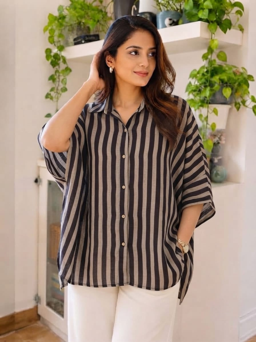 Premium Modal Silk striped Kaftaan Shirt – Free Size (Fits Up to 48")